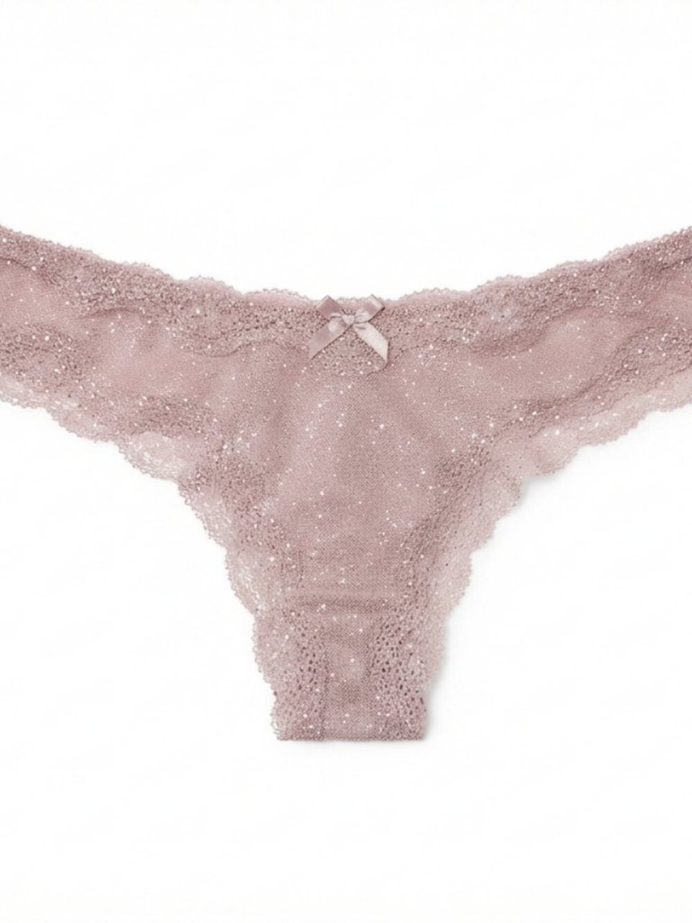 Shimmering Lace Thong Panty Pink Sparkle Bow Detail Women's Lingerie XS
